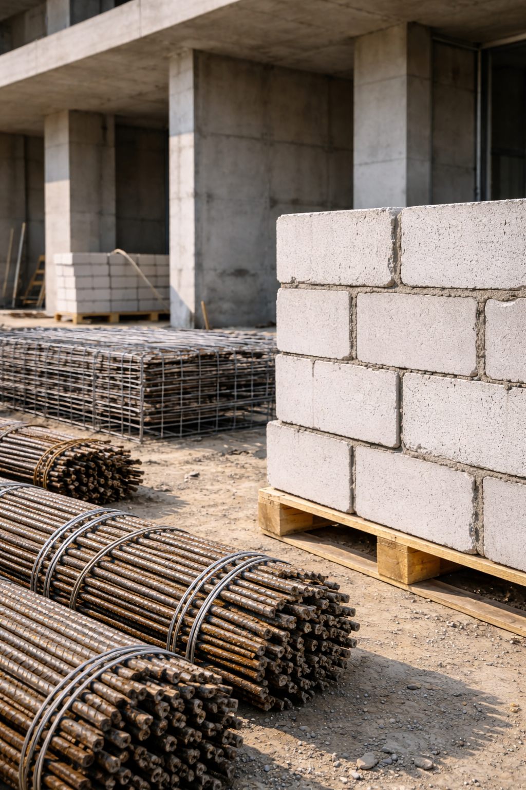 Строительные материалы, арматура и пеноблоки на площадке