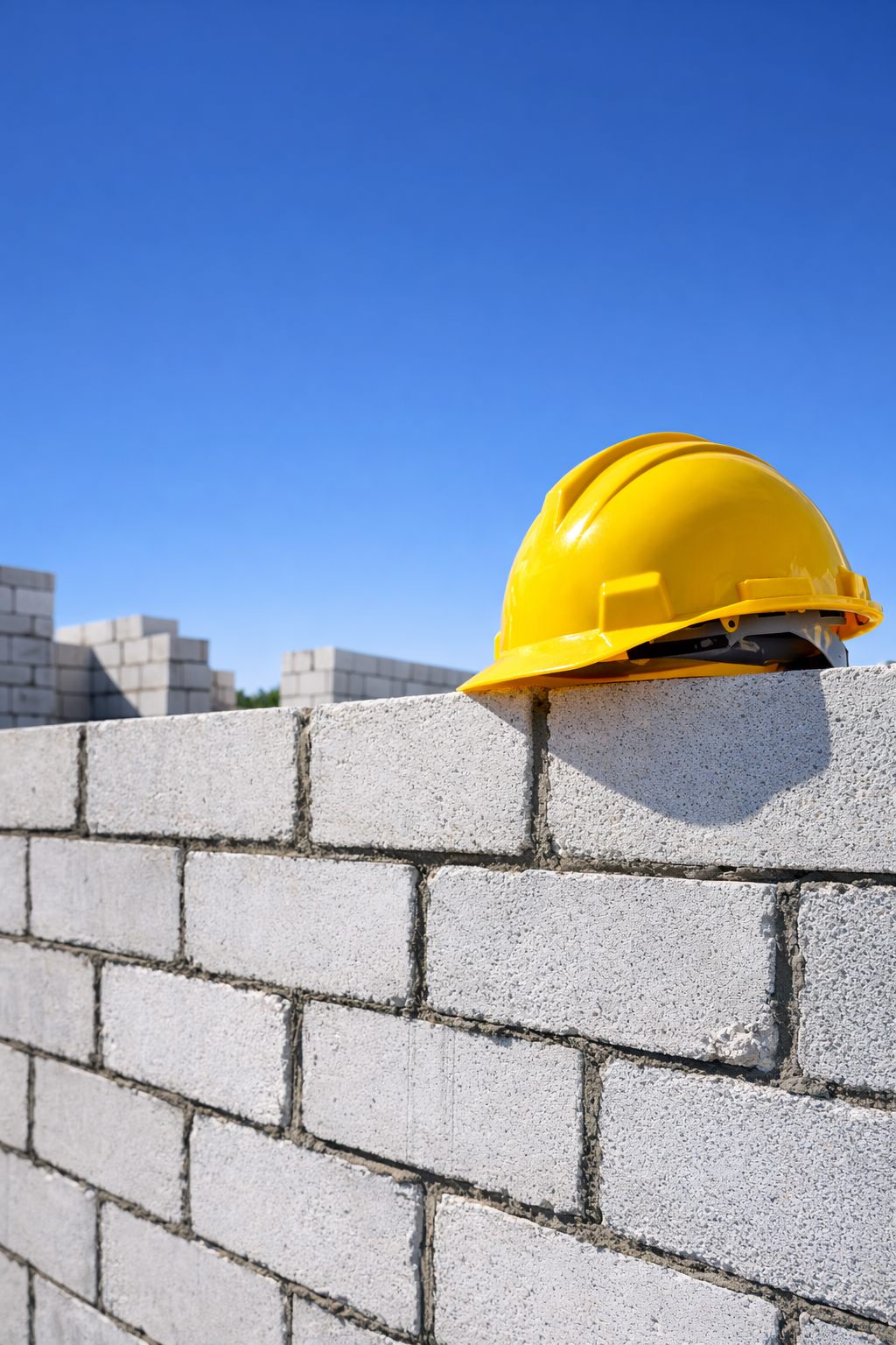Стена из пеноблоков и желтая строительная каска на фоне синего неба